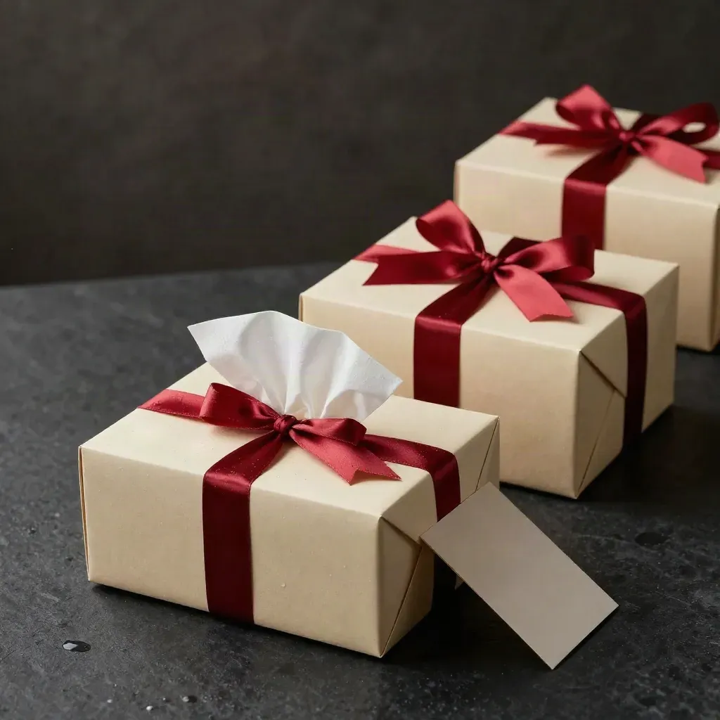Three cream gift boxes with cherry-red ribbon on black stone, one opening in fresh post-shower mist.