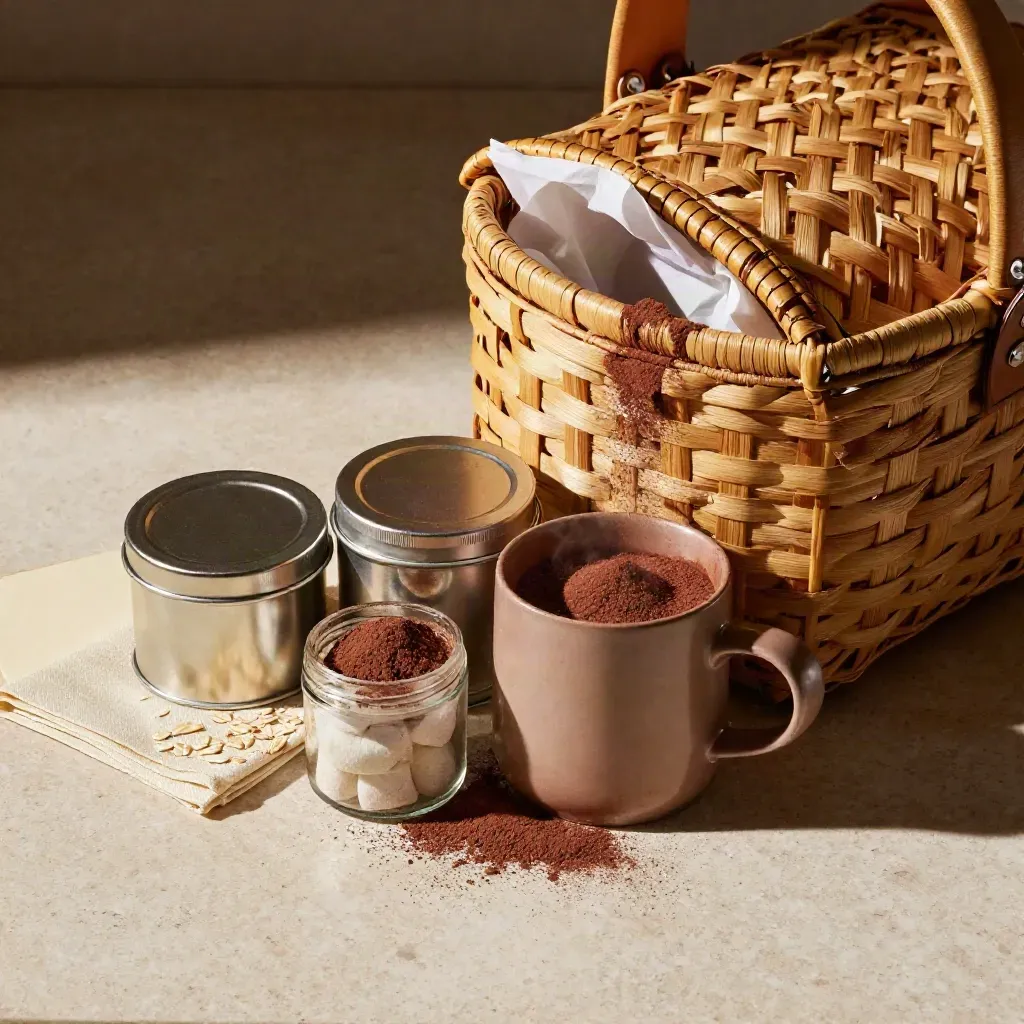 Woven cocoa gift basket with tins, marshmallow jar, napkin and mug on pale stone