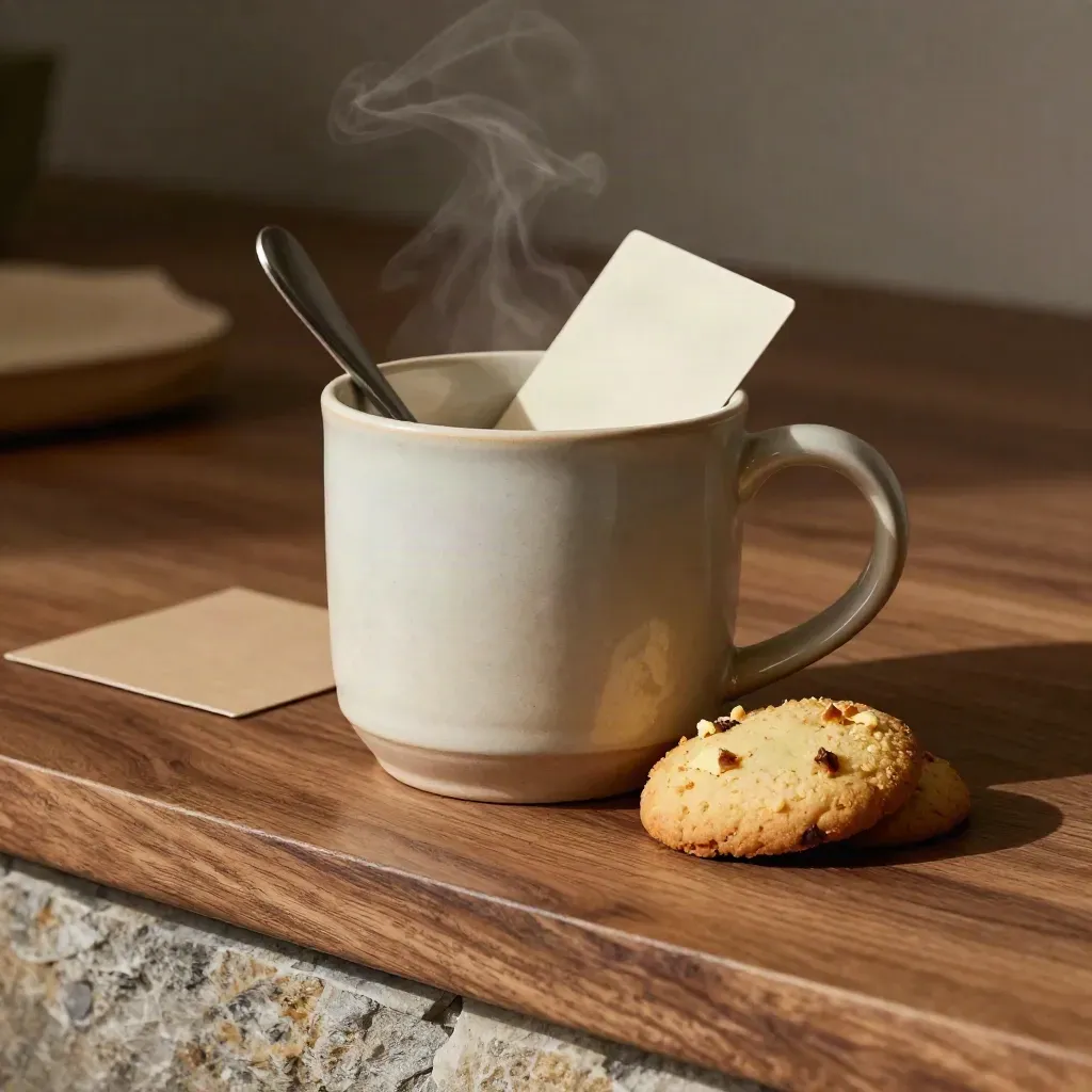 Stoneware teacher mug, spoon, cookie and folded card on a warm walnut counter.