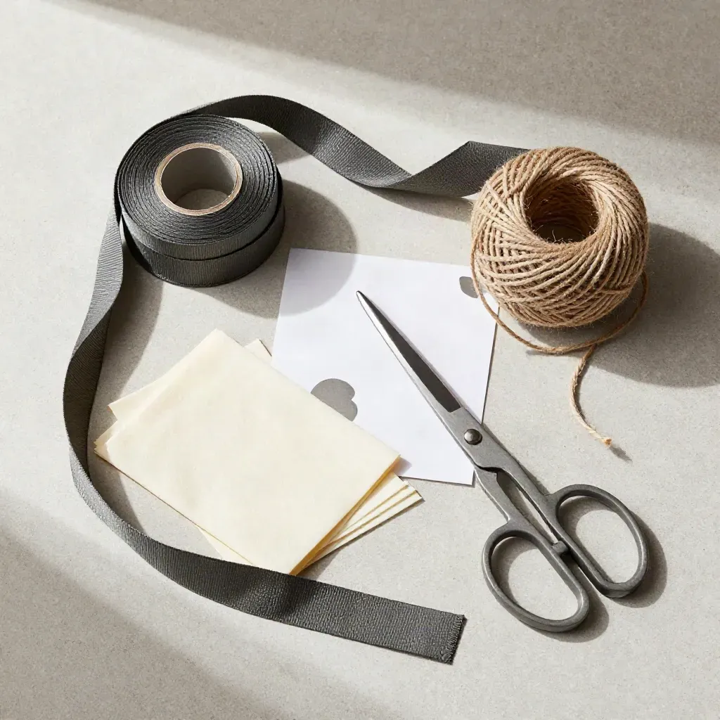 Flatlay of ribbon spools, tissue, twine and scissors on pale concrete.
