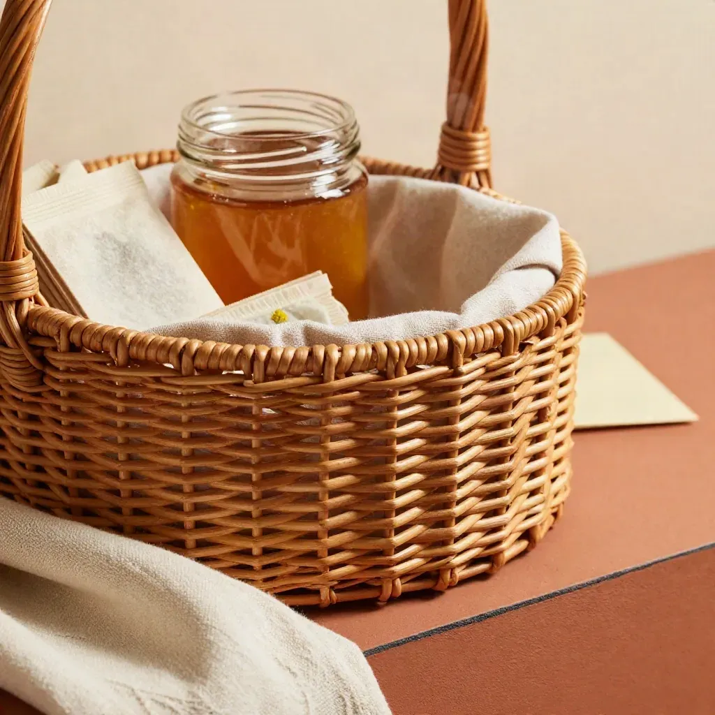 Wicker tea basket close-up with chamomile sachets, honey jar and folded cloth in warm light.