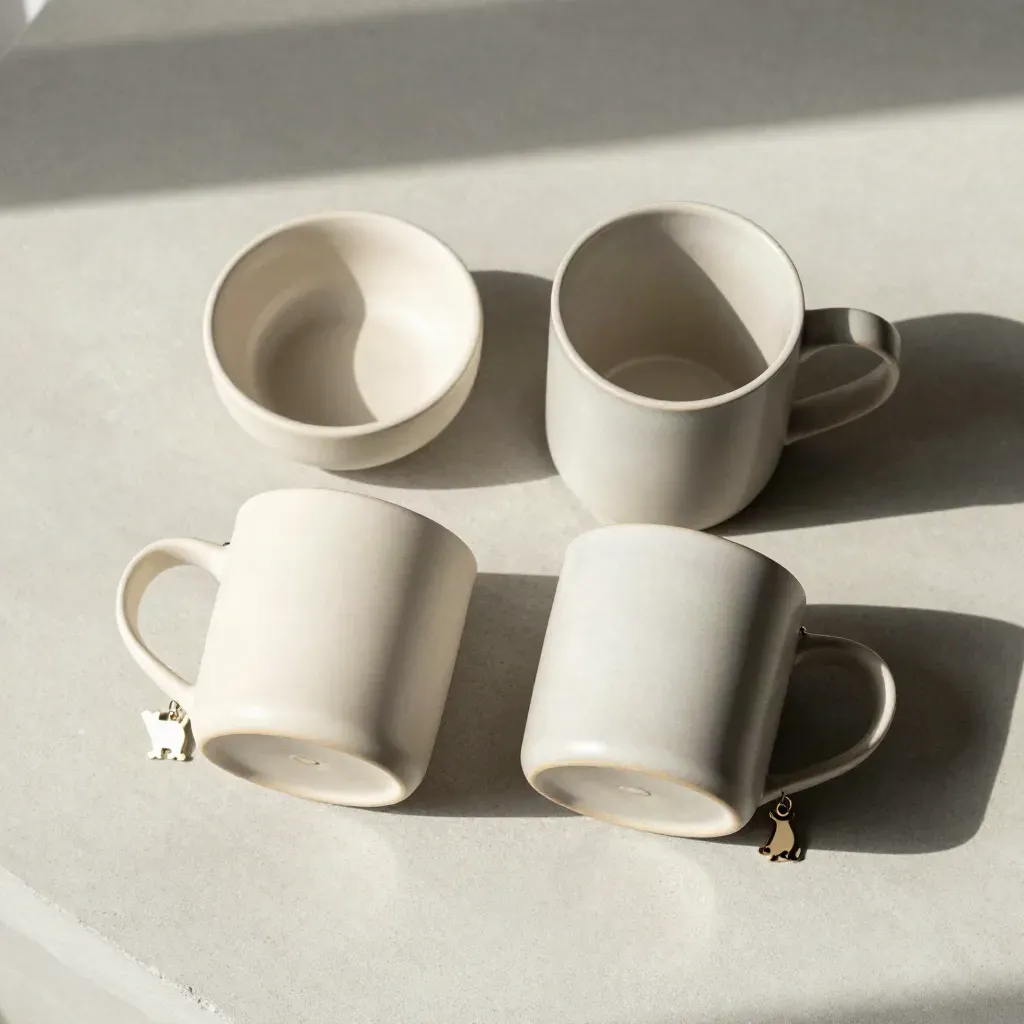 Overhead flatlay of two cream ceramic pet mugs with charm tags and a small bowl on pale stone.