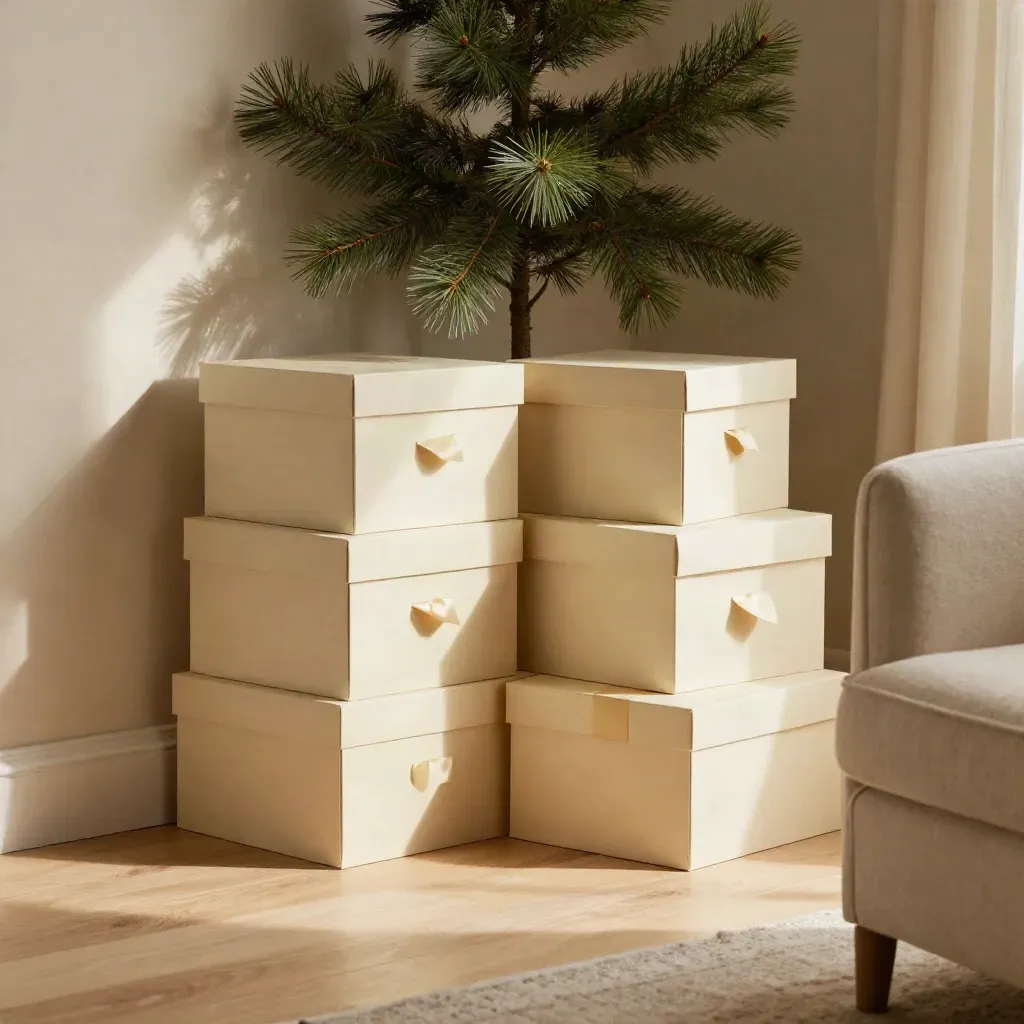 Warm cream room corner with stacked gift boxes, pine branch, and soft window light.